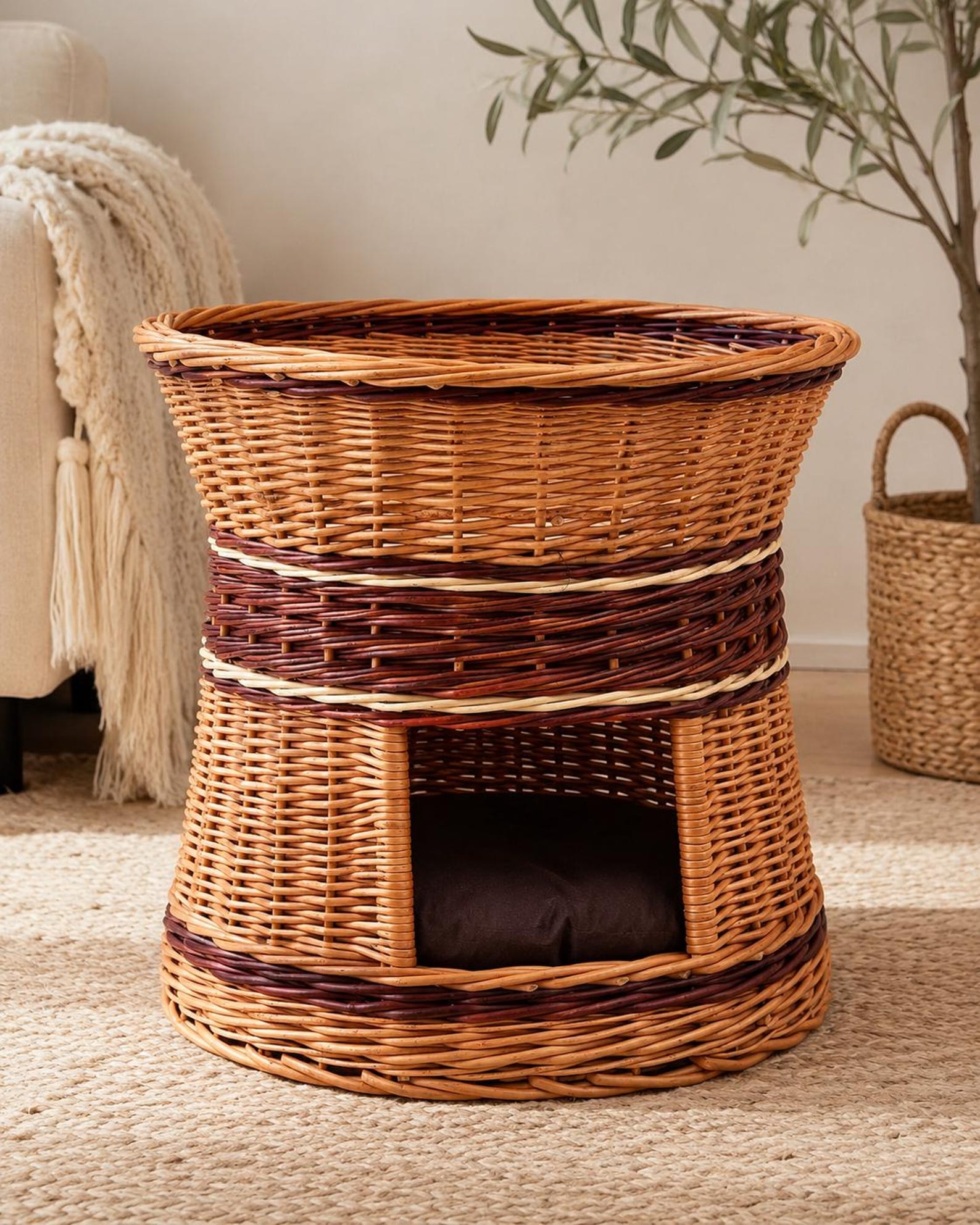 BinkyPaws 2-Tier Natural Wicker Pet Bed & Condo | Handmade in Poland